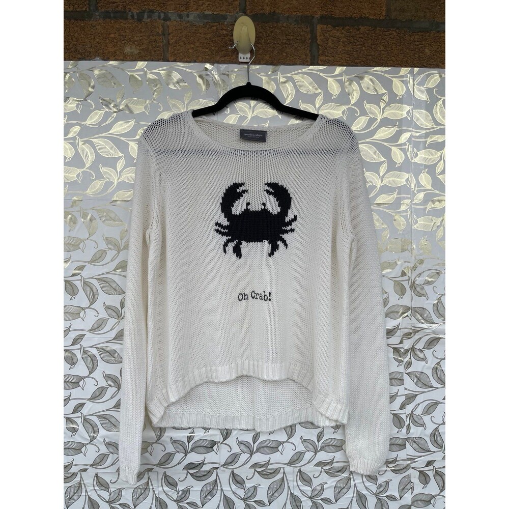 Wooden Ships Oh Crab Knit Sweater S/M Ivory Black Graphic Coastal Grandma
